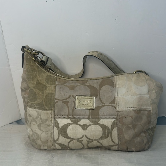 Coach Signature Hobo Bag Canvas Leather Metalic Gold Beige No.C1293-F19195 - Picture 1 of 9